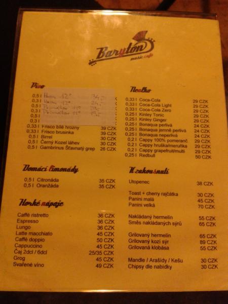 Baryton - Nápojový lístek